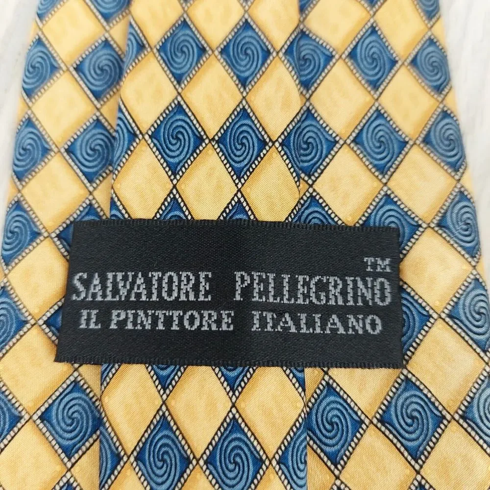 Salvatore Pellegrino‎ Men’s Neck Tie Silk Diamond Geometric Swirl Yellow Blue